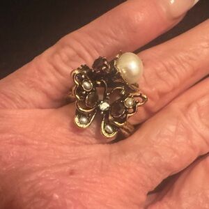 Elegant Gold Butterfly Ring with Pearl and Gem Accents
